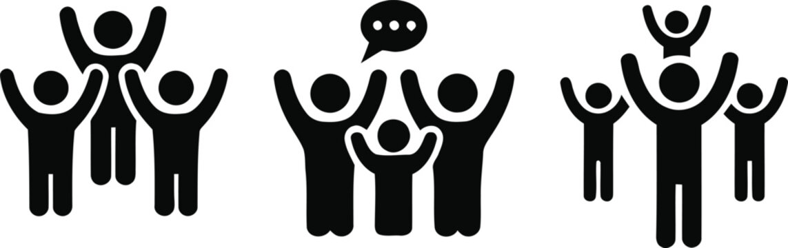 Three black silhouette icons depicting people raising arms in celebration with speech bubble isolated on transparent background