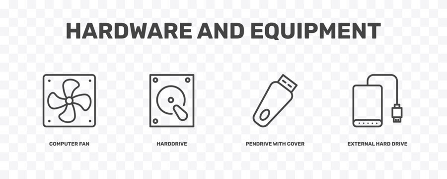 hardware and equipment icon set with computer fan, harddrive, pendrive with cover, external hard drive signs in flat outline style