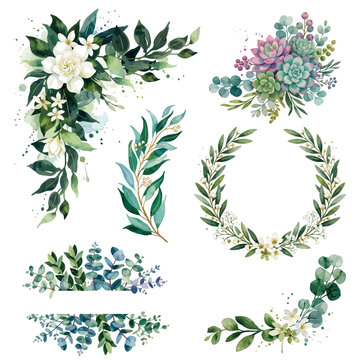 Watercolor floral elements for wedding celebration party decoration