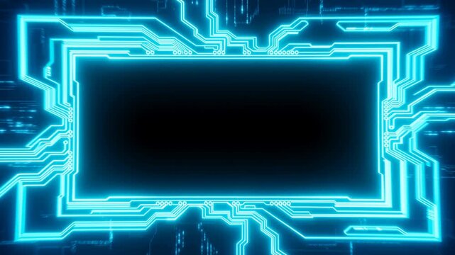 Panning tracking shot of glowing neon circuit frame pulsing and shifting around rectangular screen in virtual futuristic digital interface background