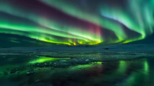 Stunning northern lights dance and reflect on nort c  landscape under starry night sky