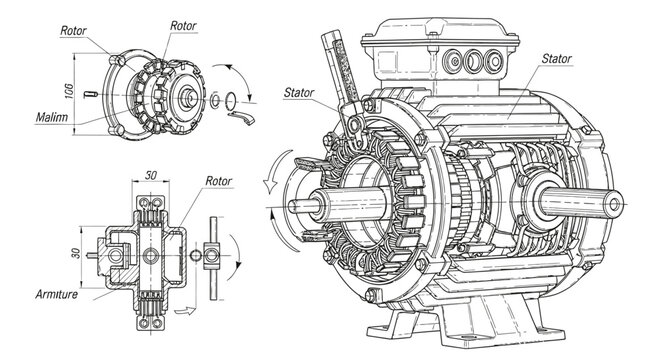 Technical blueprint of industrial electric motor with rotor and stator