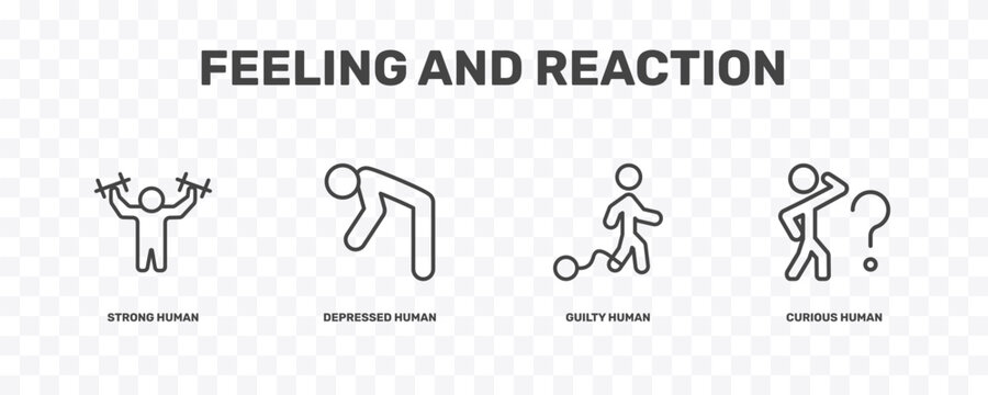 feeling and reaction icon set with strong human, depressed human, guilty human, curious signs in flat outline style