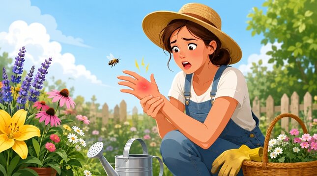 Woman examining swollen hand after insect sting in garden