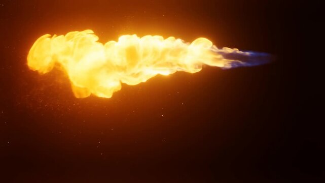 Slow motion tracking shot of fireball projectile expanding and trailing plasma plume through dark void background in space