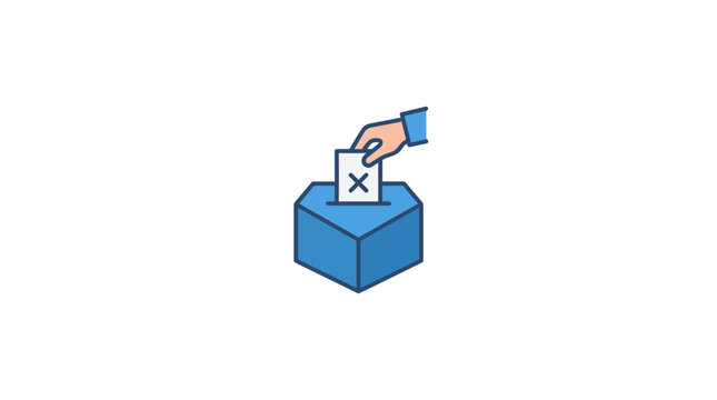Hand dropping ballot paper with X mark into blue voting box, election concept