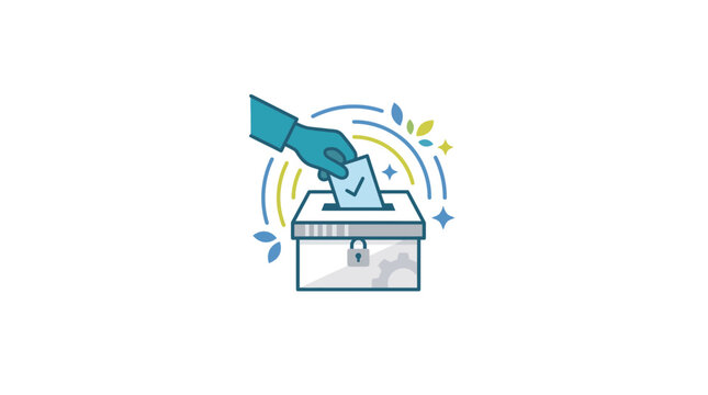 Hand casting vote into ballot box with checkmark, election concept illustration