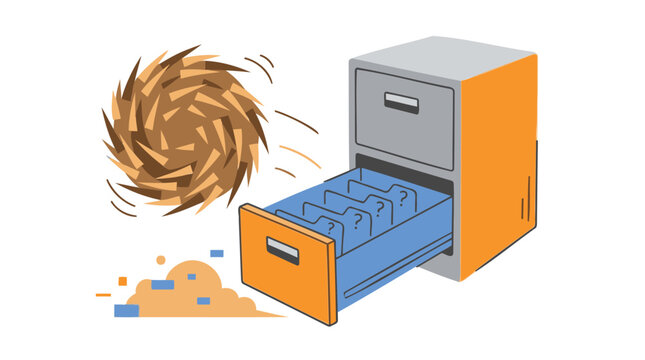 A messy office drawer spills papers and dust in a chaotic environment indoors.
