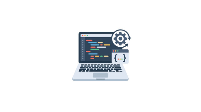 Laptop with code editor and gear icon, representing software development and programming