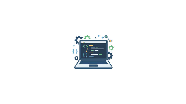 Laptop with code and gears, digital technology and programming concept