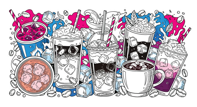 Cold iced coffee drink doodle vector illustration with ice cube and bean