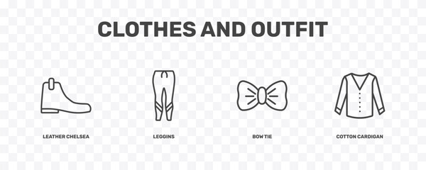 Naklejka premium clothes and outfit icon set with leather chelsea boots, leggins, bow tie, cotton cardigan signs in flat outline style