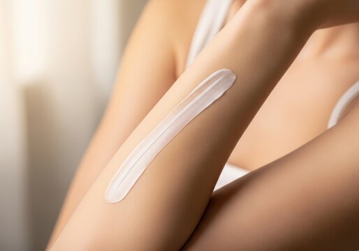 Close-up of smooth white cream applied to tanned arm, soft lighting