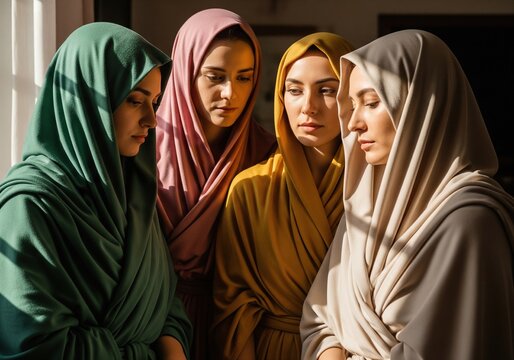 Four women wearing hijabs of different colors in warm, soft sunlight