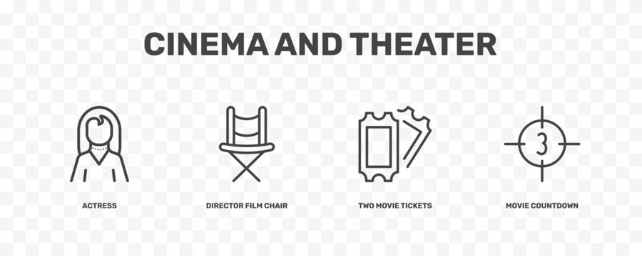 cinema and theater icon set with actress, director film chair, two movie tickets, movie countdown signs in flat outline style