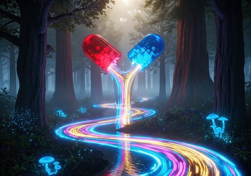 Magical forest stream with glowing pills and colorful light trails