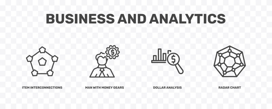 business and analytics icon set with item interconnections, man with money gears, dollar analysis bars, radar chart signs in flat outline style
