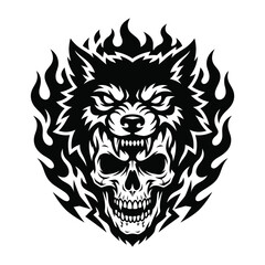Fototapeta premium Dark wolf skull emblem black silhouette vector illustration