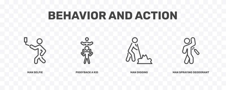 behavior and action icon set with man selfie, piggyback a kid, man digging, man spraying deodorant signs in flat outline style