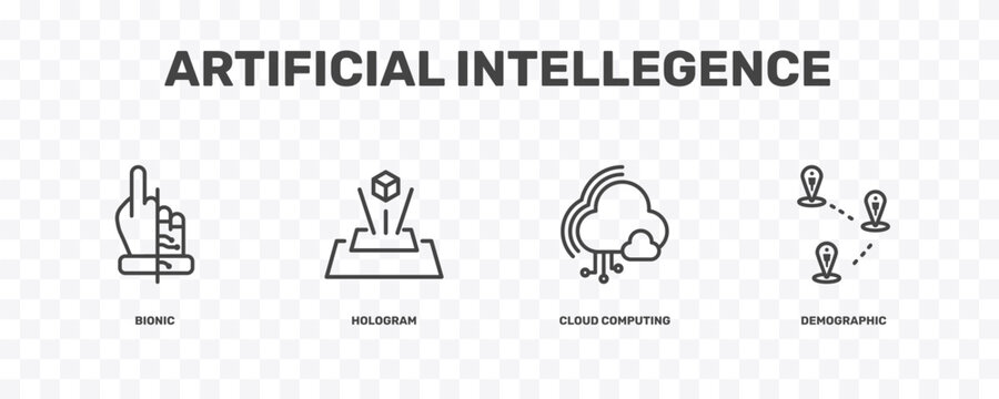 artificial intellegence icon set with bionic, hologram, cloud computing, demographic signs in flat outline style