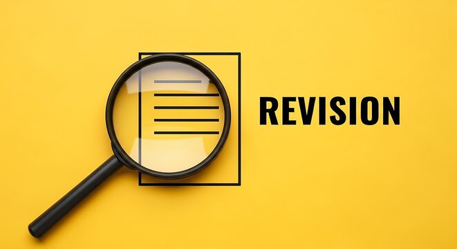 Revision concept with magnifying glass over document icon, business editing and proofreading process, quality control on yellow background