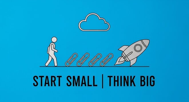 Motivational business concept with Start Small Think Big text, entrepreneurial growth illustration with rocket and paperclips, blue background