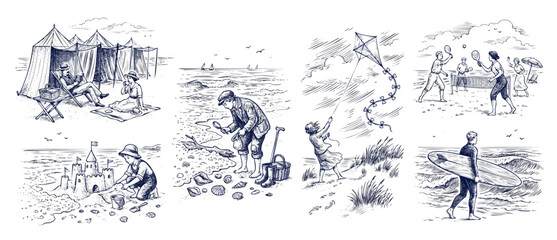 Obraz premium Vintage seaside illustrations line art set of retro summer beach activities, featuring sandcastle building, surfing, kite flying, beachcombing, and family recreation in etching style drawing.