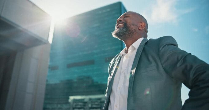 Buildings, thinking and black businessman in city for travel or decision with low angle or view. Imagine, realtor or happy urban developer in street for inspiration with confidence and creative ideas