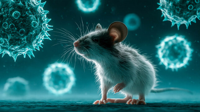 Close-up of a laboratory mouse on a turquoise background surrounded by virus-like particles. The theme of biomedical research, virology, and experimental science.