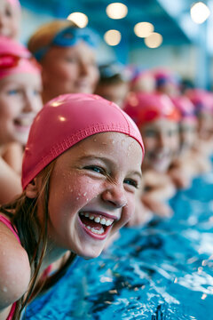 Children at a swimming lesson &mdash; a smiling girl in a pink cap and glasses at the poolside.
