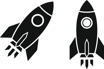 Two black rocket ship silhouettes angled and upright isolated on transparent background for space exploration graphics and design © Laku
