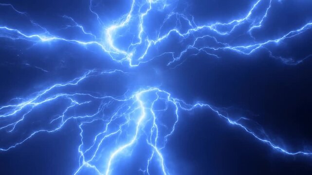 Slow motion close up view of lightning bolts branching and striking across dark storm sky with glowing blue electric energy