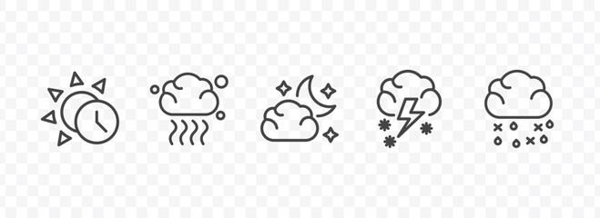 Fototapeta premium weather icon set with daytime, smog, thundersnow, sleet signs in flat outline style