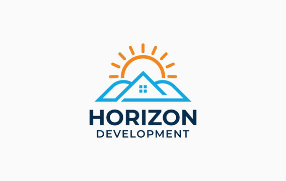 Real estate logo template featuring a house line art icon integrated with rolling hills and a rising sun for property investment and residential estate development