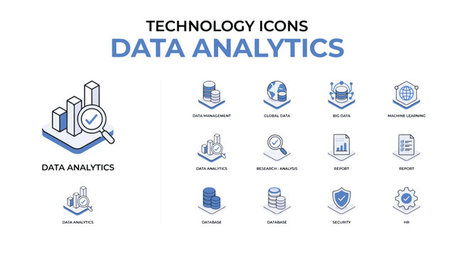Data Analytics Technology Icons With Magnifying Glass And Charts graph
