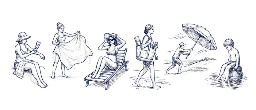 Beach people vector illustration set of summer activities with women and men sunbathing walking and relaxing in engraving style isolated on white background for seasonal travel design.