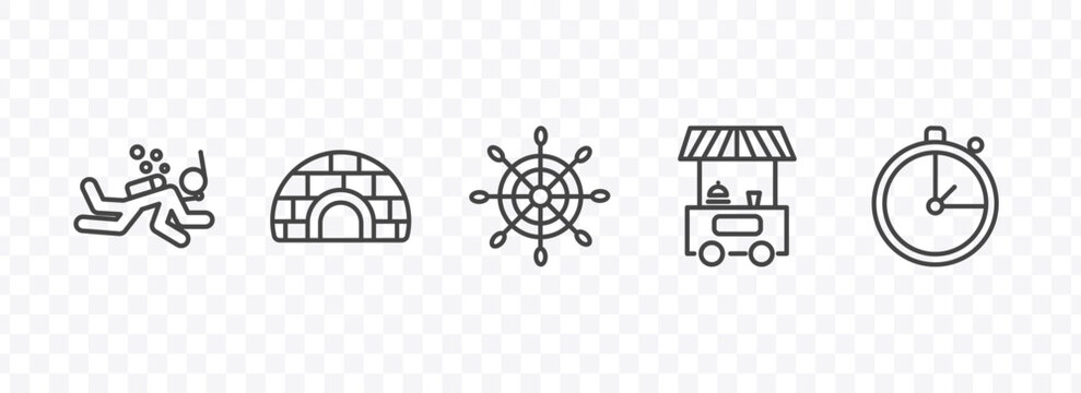travel and trip icon set with scuba diving, igloo, food stand, stopclock signs in flat outline style