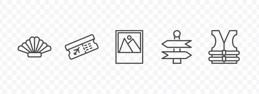 travel and trip icon set with shell, boarding pass, , lifejacket signs in flat outline style
