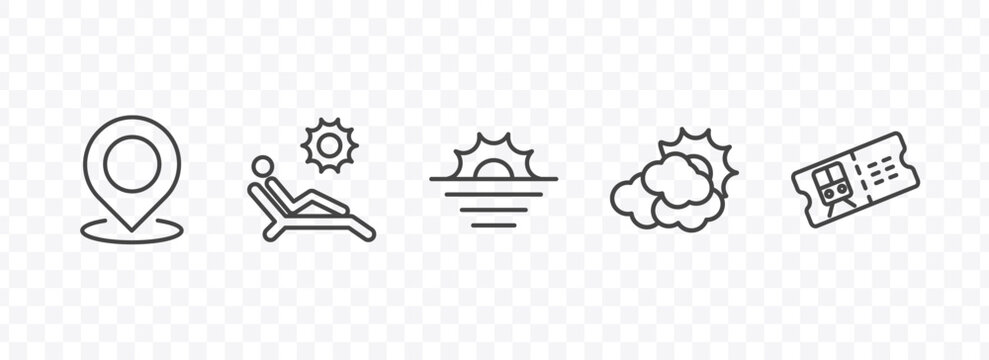 travel and trip icon set with landmark, sun bath, cloudy, train ticket signs in flat outline style