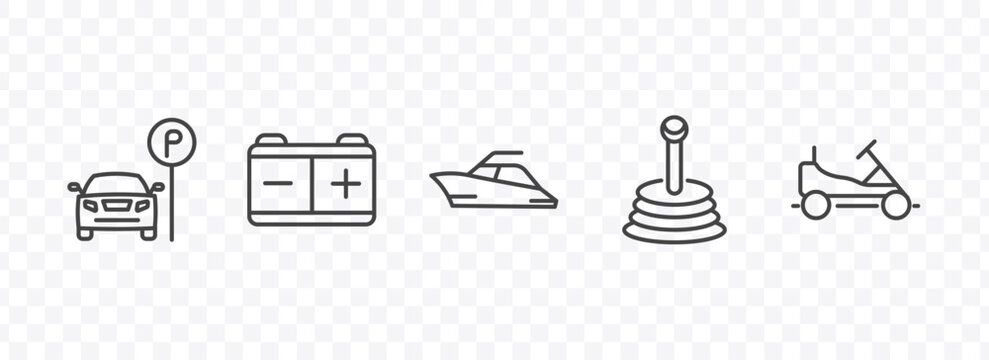 transportation icon set with car parking, workshop repair, gearshift, go kart signs in flat outline style