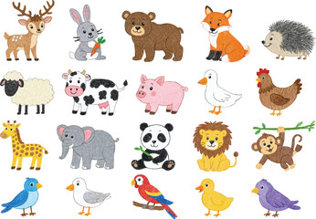 Fototapeta premium Hand Drawn Cute Animal Collection with Deer Bear Fox Pig Panda Monkey Lion and Bird Illustrations Isolated on White