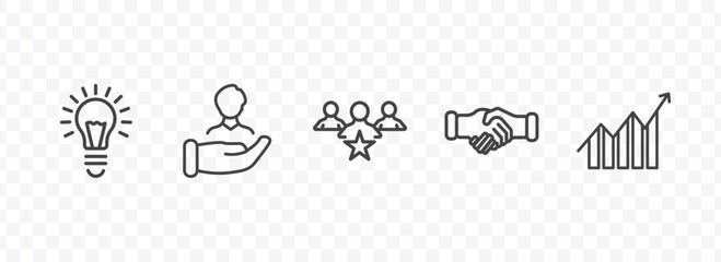 Obraz premium startup and strategy icon set with creativity, humanpictos, handshake, increase signs in flat outline style