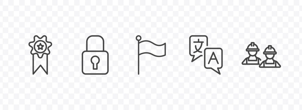 strategy icon set with award, padlock, translator, workers signs in flat outline style