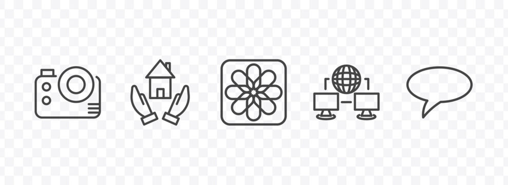 social media marketing icon set with big photo camera, homeless, network conecction, square bubble signs in flat outline style