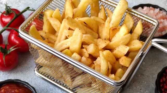 Golden French fries fried with salt and spices, unhealthy takeaway food. French fries as a food background for your design
