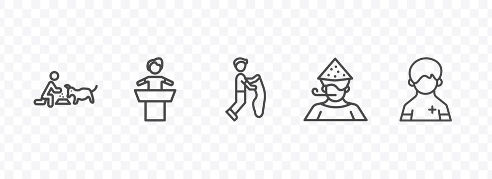 people and relation icon set with feeding a dog, man giving a speech, man partying, pacient signs in flat outline style