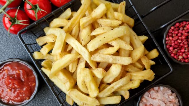 Golden French fries fried with salt and spices, unhealthy takeaway food. French fries as a food background for your design