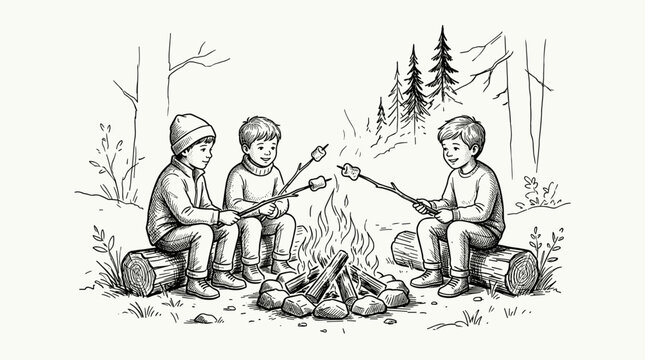  Three boys roasting marshmallows on sticks around a campfire. Summer camp outdoor adventure in the forest. Hand drawn sketch engraving vector illustration