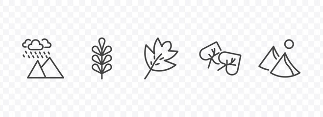nature icon set with rainy landscape, pecan leaf, cercis leaf, dune signs in flat outline style © Abstract