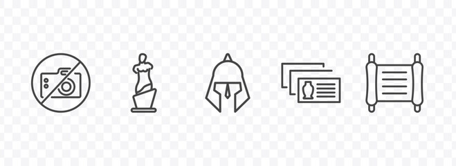 museum and exhibition icon set with no photo, venus de milo, postcards, paper scroll signs in flat outline style © Abstract